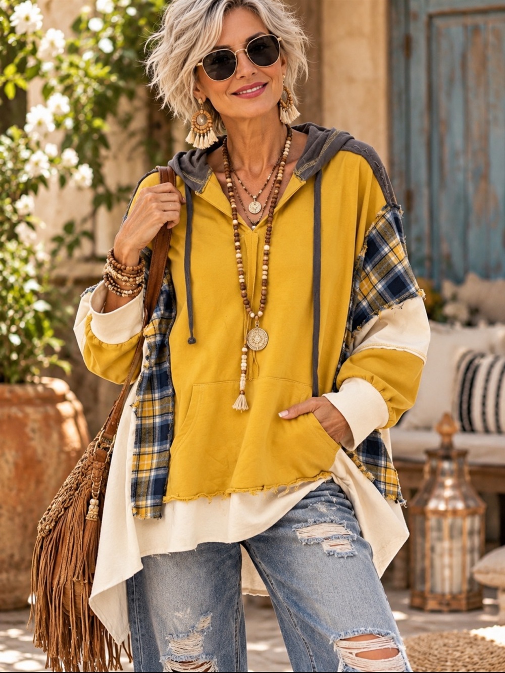 BV60716 BlueVelvet Casual Mustard Plaid Hoodie Top - Women